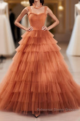 Unique High Neck Tulle Long Semi Formal Dress, Orange Formal Evening Dress